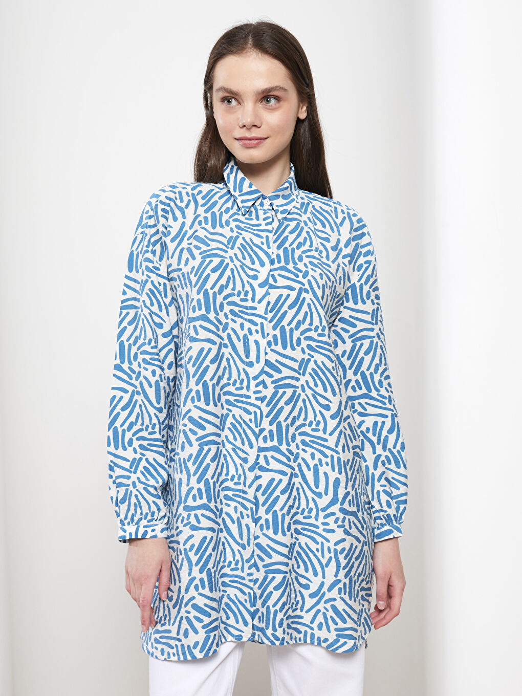 Әйелдерге арналған өрнекті поплин жейде туника-1