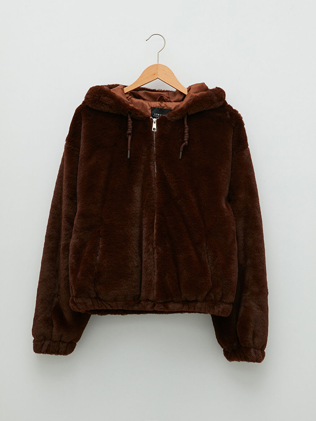 Kahverengi Kapüşonlu Düz Uzun Kollu Pelüş Kadın Mont-6