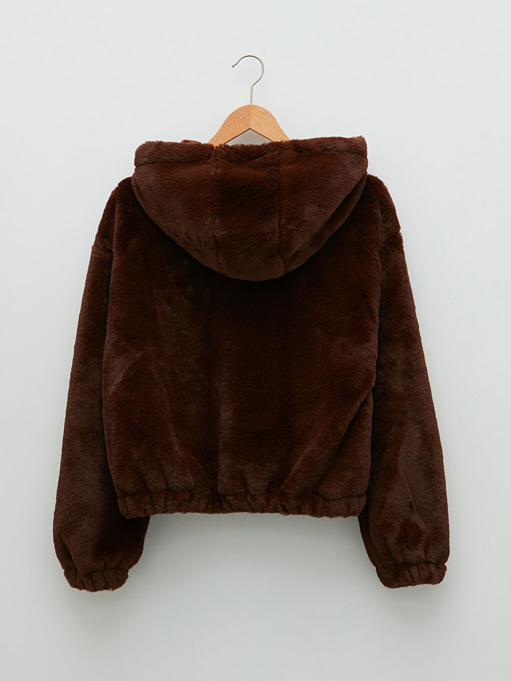 Kahverengi Kapüşonlu Düz Uzun Kollu Pelüş Kadın Mont-7