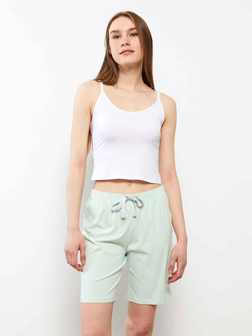 Yeşil Beli Lastikli Düz Pamuklu Kadın Pijama Alt