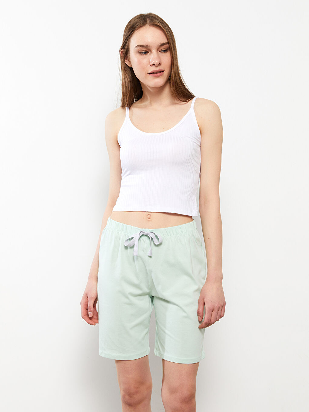 Yeşil Beli Lastikli Düz Pamuklu Kadın Pijama Alt-1