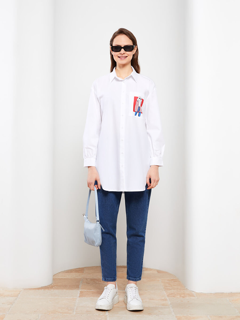 Ekru Baskılı Poplin Kadın Gömlek Tunik