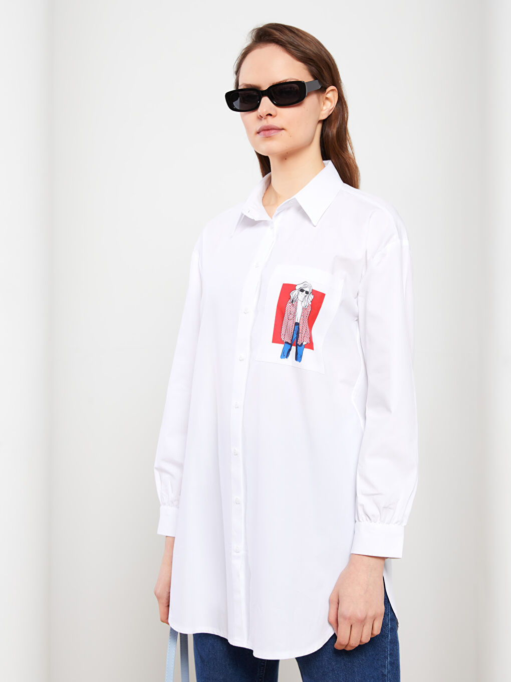 Ekru Baskılı Poplin Kadın Gömlek Tunik-1