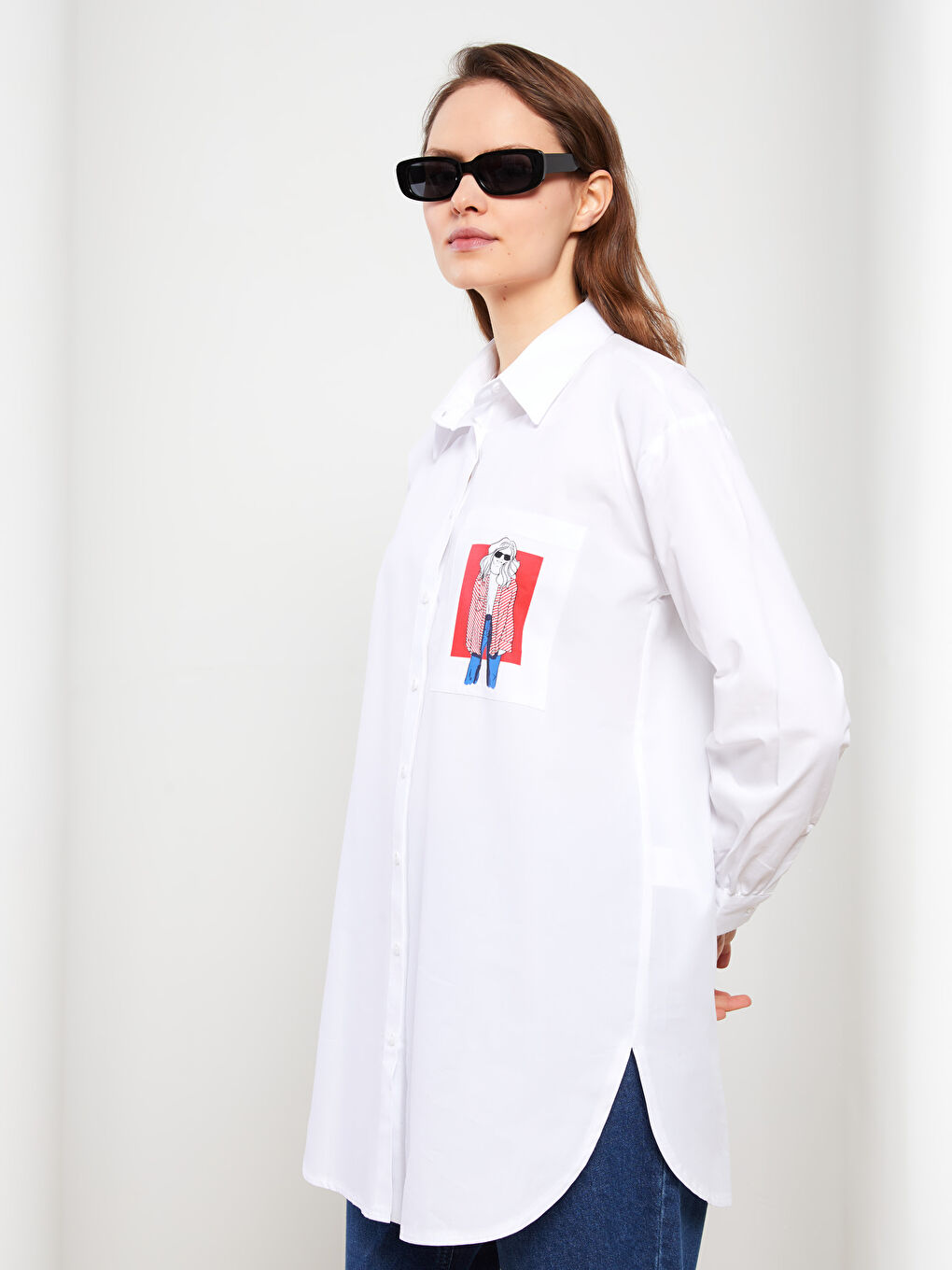 Ekru Baskılı Poplin Kadın Gömlek Tunik-2