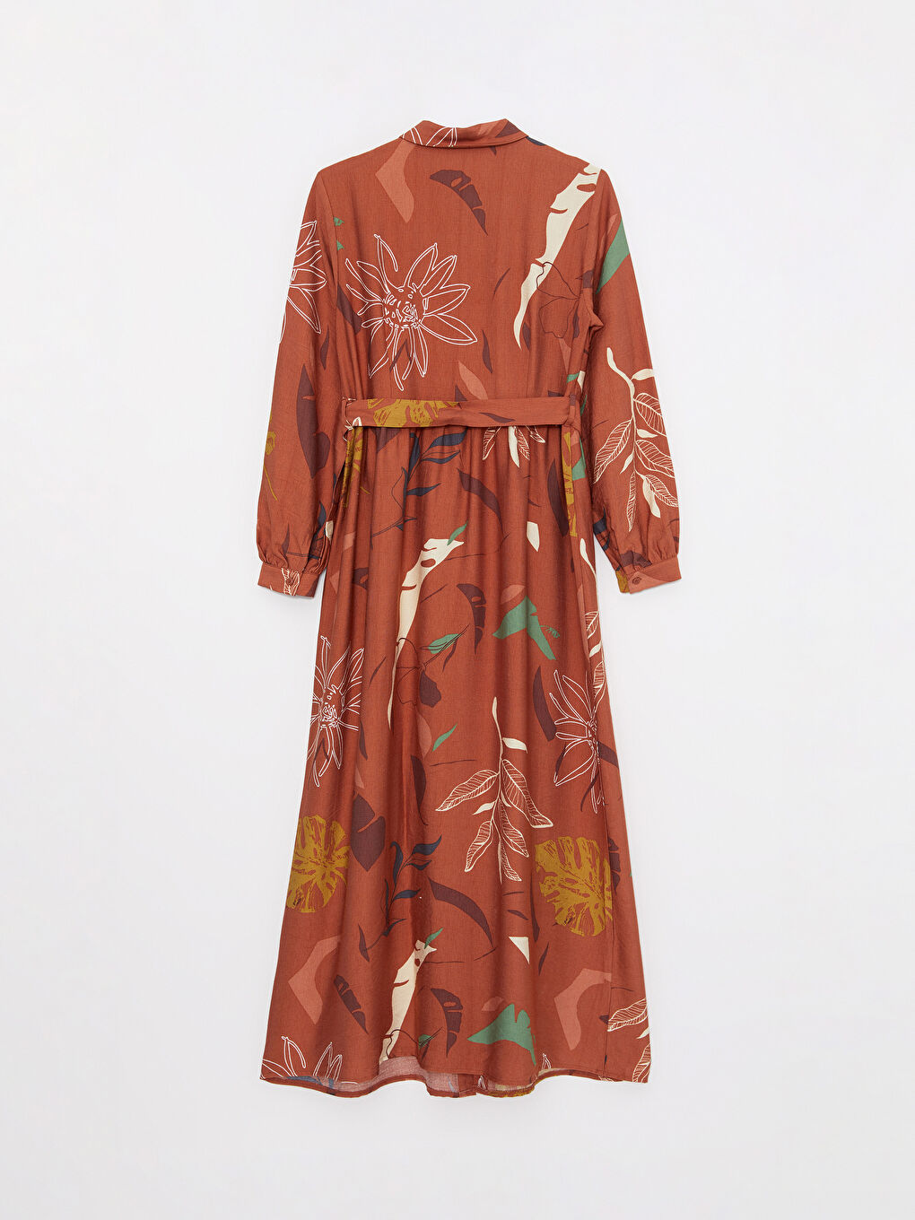 Kahverengi Desenli Uzun Kollu Kadın Gömlek Elbise-6