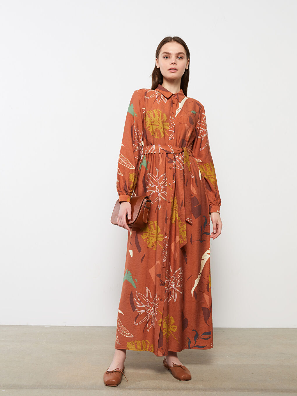 Kahverengi Desenli Uzun Kollu Kadın Gömlek Elbise