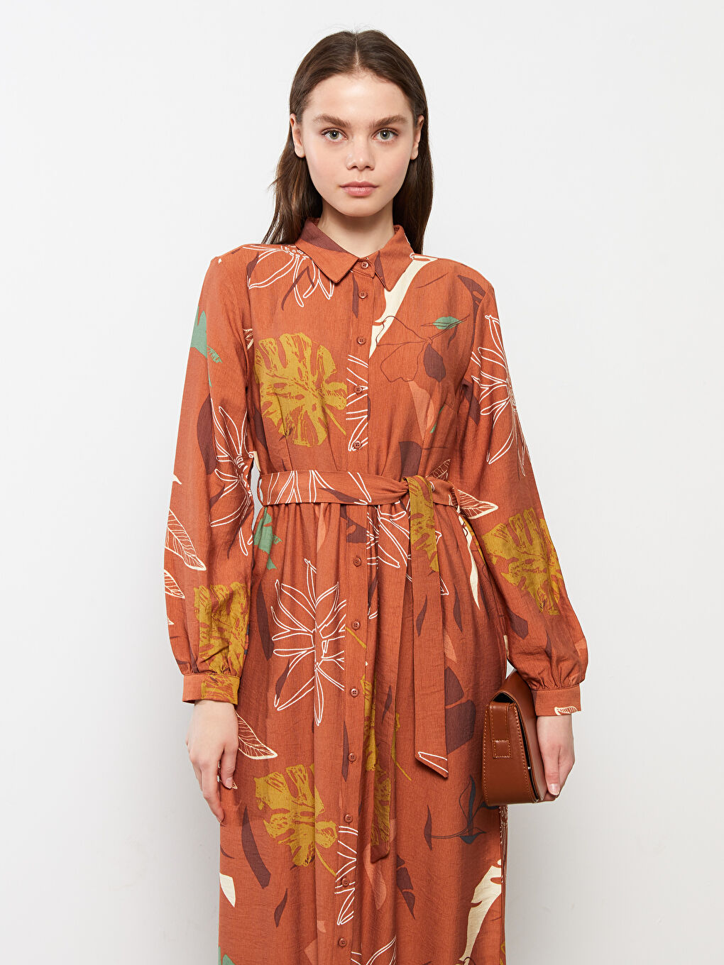 Kahverengi Desenli Uzun Kollu Kadın Gömlek Elbise-1