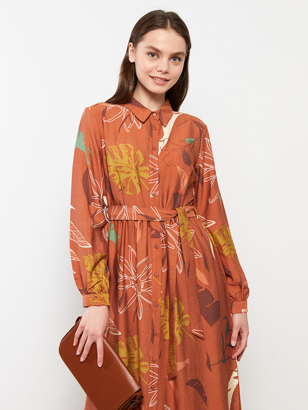 Kahverengi Desenli Uzun Kollu Kadın Gömlek Elbise-2