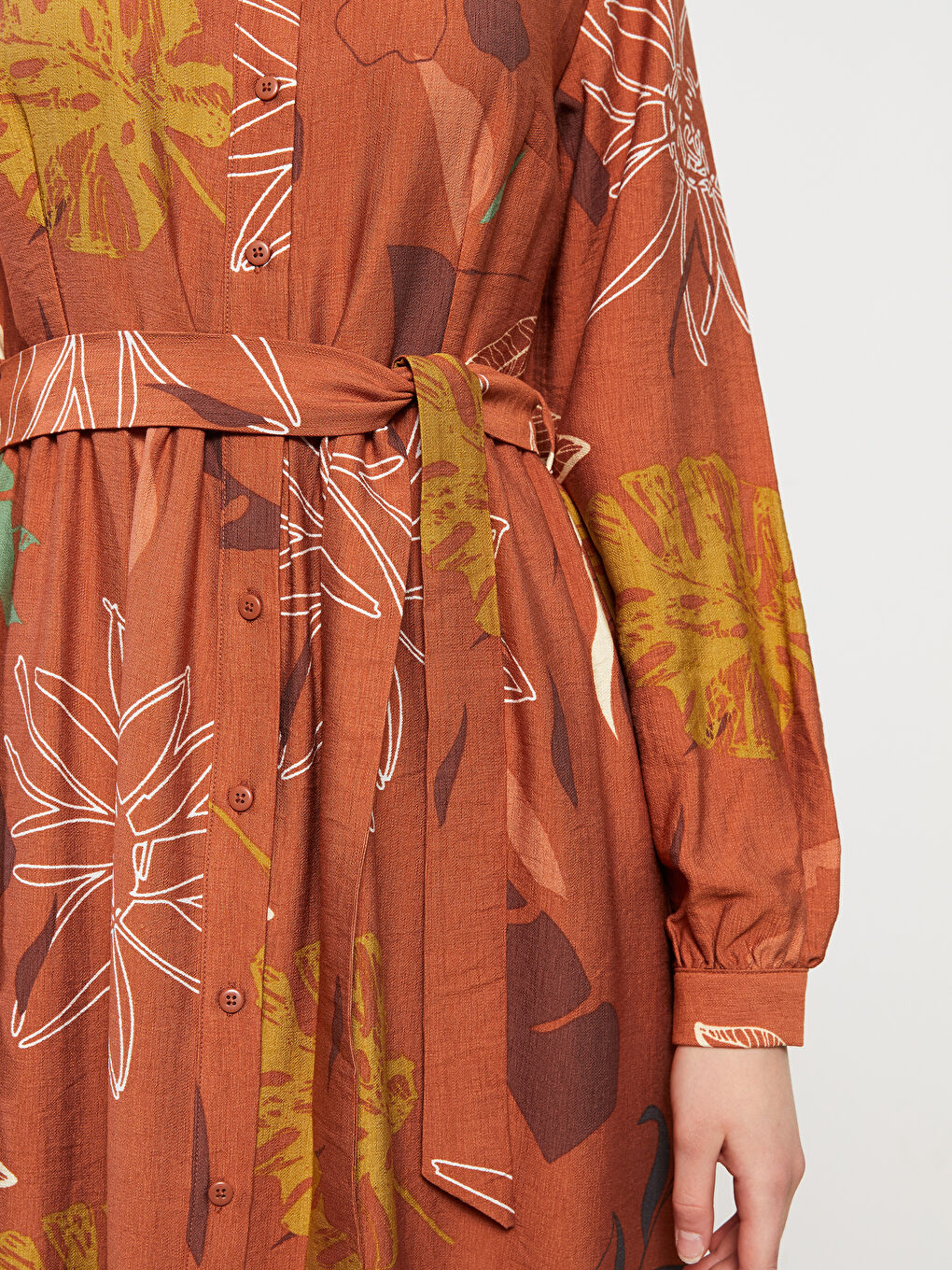 Kahverengi Desenli Uzun Kollu Kadın Gömlek Elbise-3