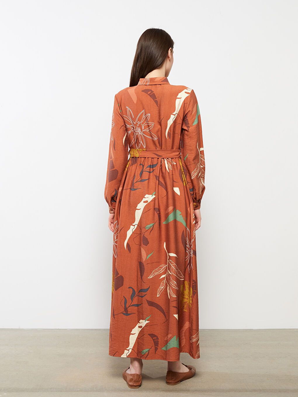 Kahverengi Desenli Uzun Kollu Kadın Gömlek Elbise-4