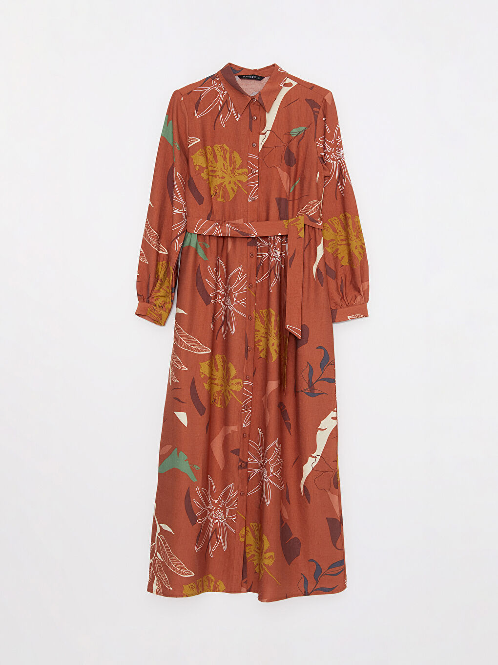 Kahverengi Desenli Uzun Kollu Kadın Gömlek Elbise-5