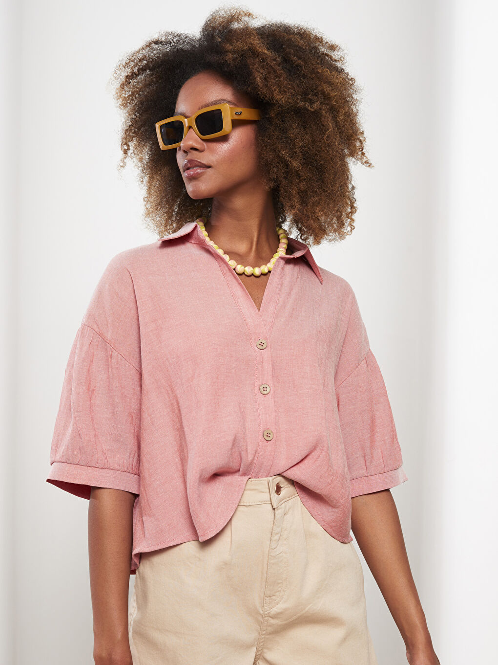 Turuncu Önden Düğme Kapamalı Düz Kısa Kollu Kadın Gömlek