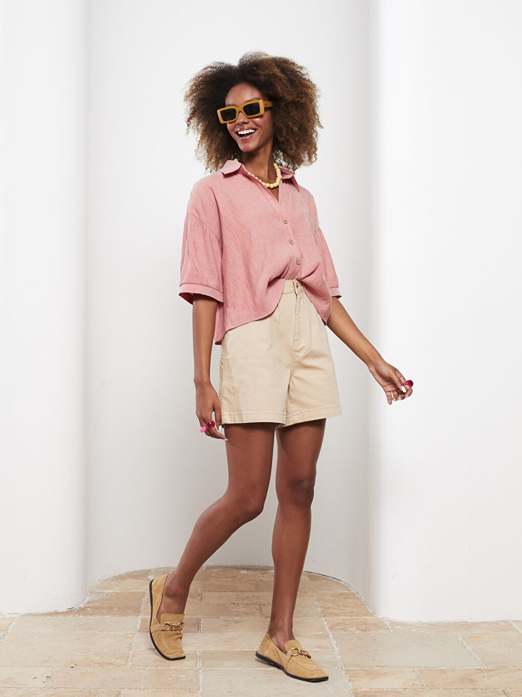 Turuncu Önden Düğme Kapamalı Düz Kısa Kollu Kadın Gömlek-1