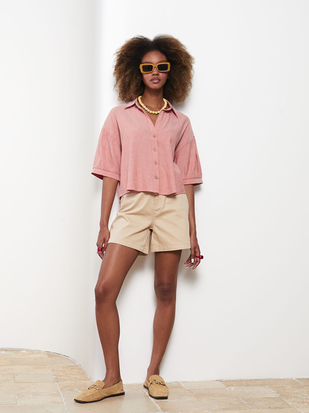 Turuncu Önden Düğme Kapamalı Düz Kısa Kollu Kadın Gömlek-2