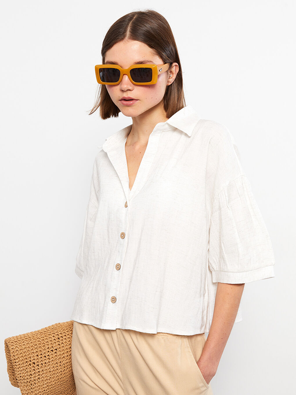 Cămașă pentru Femei cu Închidere Frontală cu Nasturi, Croială Dreaptă, Mânecă Scurtă-1