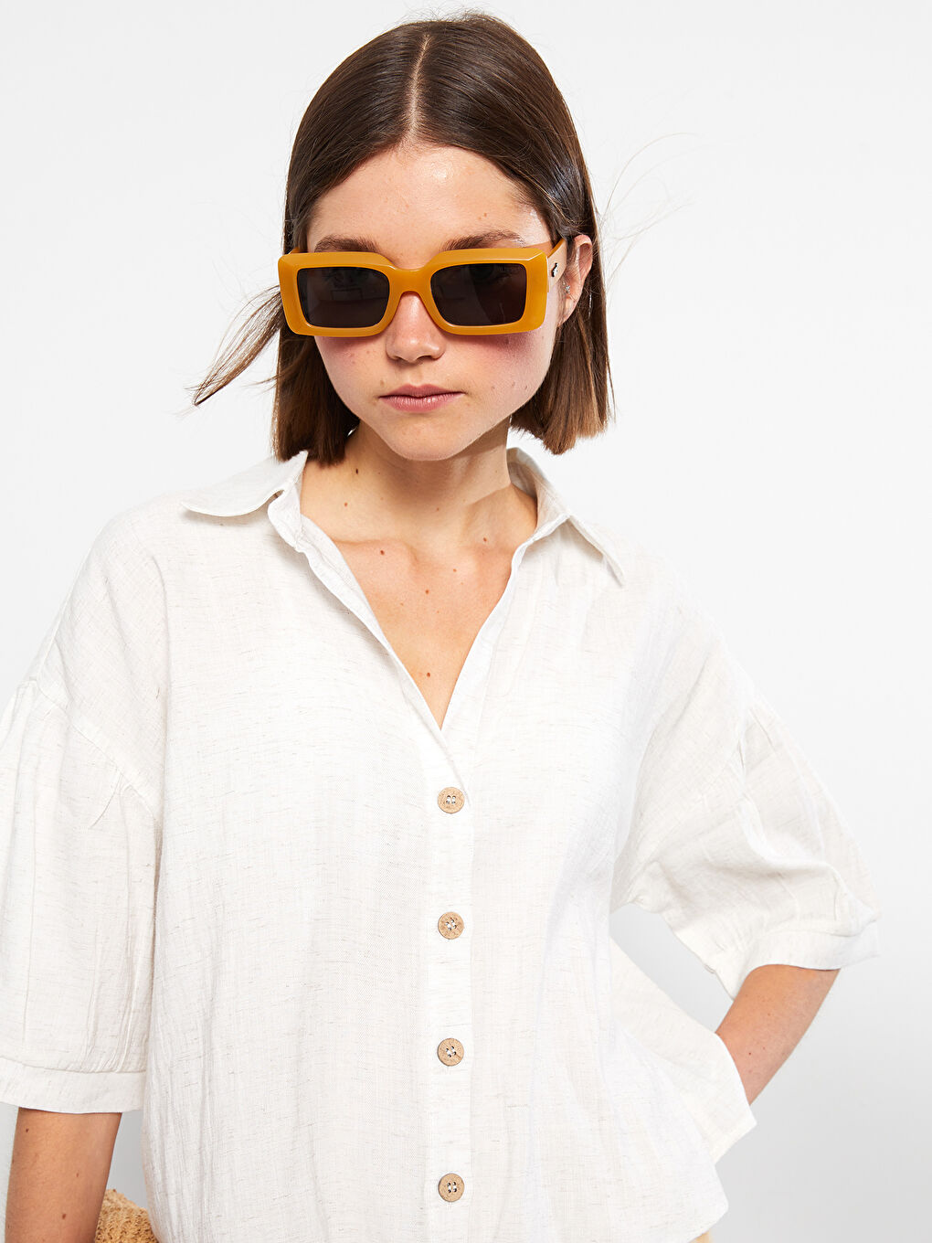 Cămașă pentru Femei cu Închidere Frontală cu Nasturi, Croială Dreaptă, Mânecă Scurtă-2