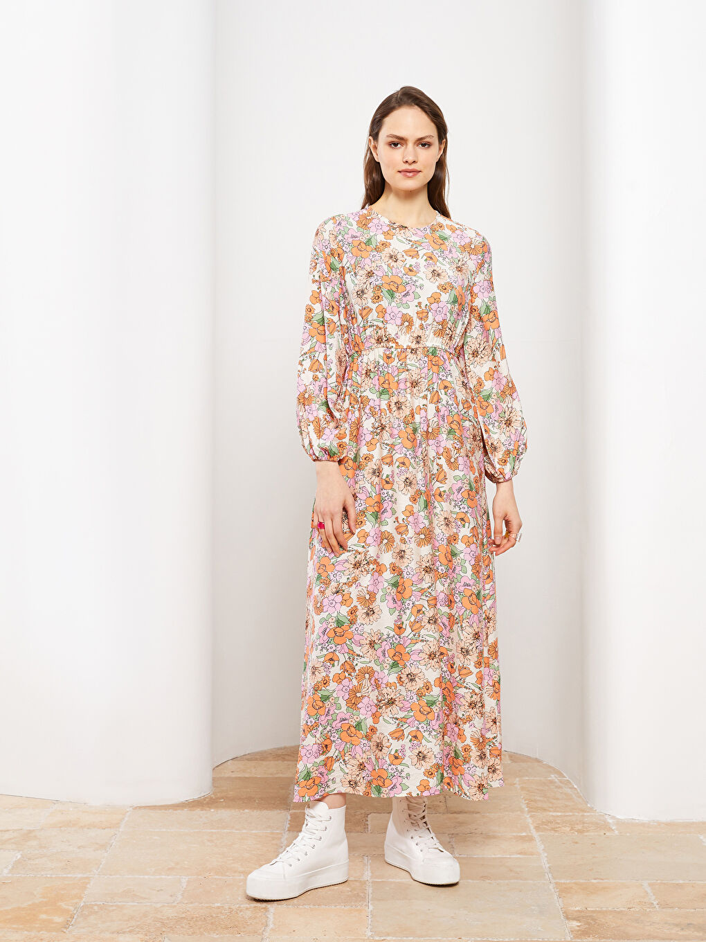 Crew Neck Floral Long Sleeve Women's Dress-1