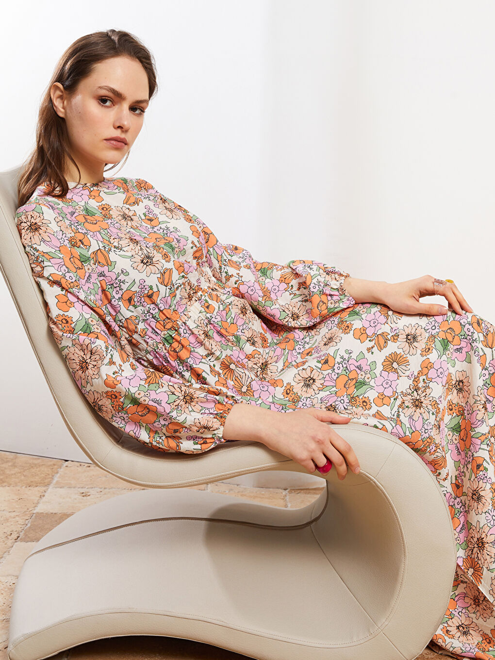 Crew Neck Floral Long Sleeve Women's Dress-3