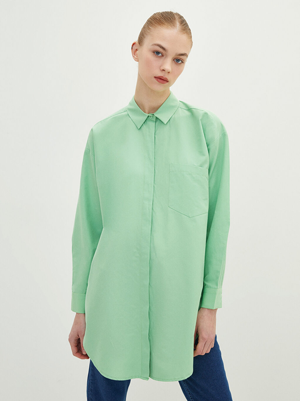 Plain Long Sleeve Oversize Poplin Women's Shirt Tunic
