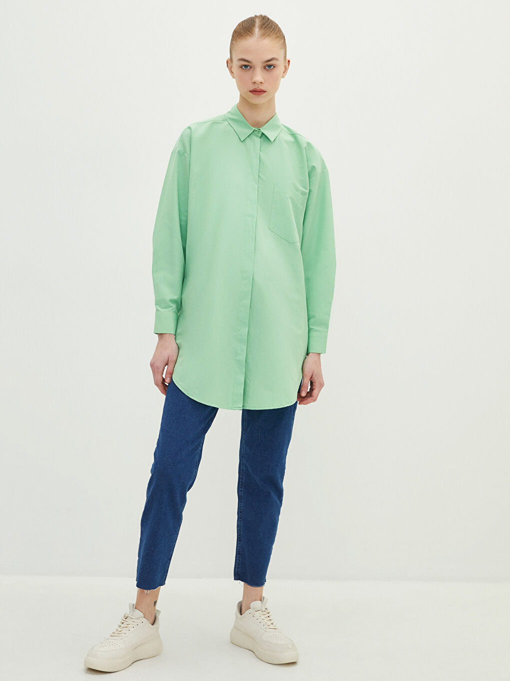 Plain Long Sleeve Oversize Poplin Women's Shirt Tunic-2