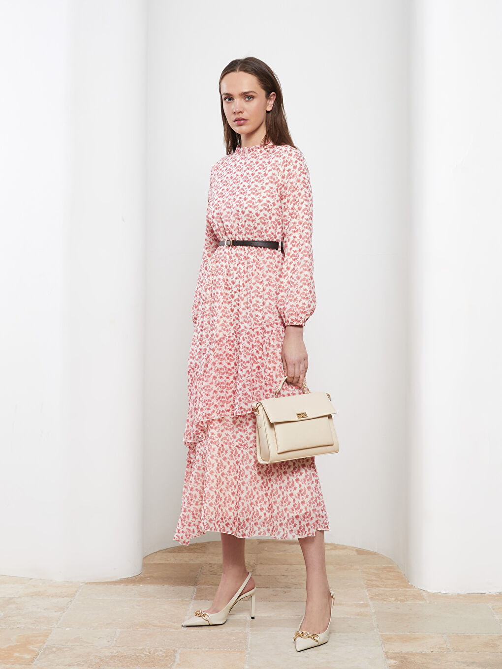 فستان شيفون للسيدات بياقة قمع مطبوع كم طويل بطيات-1