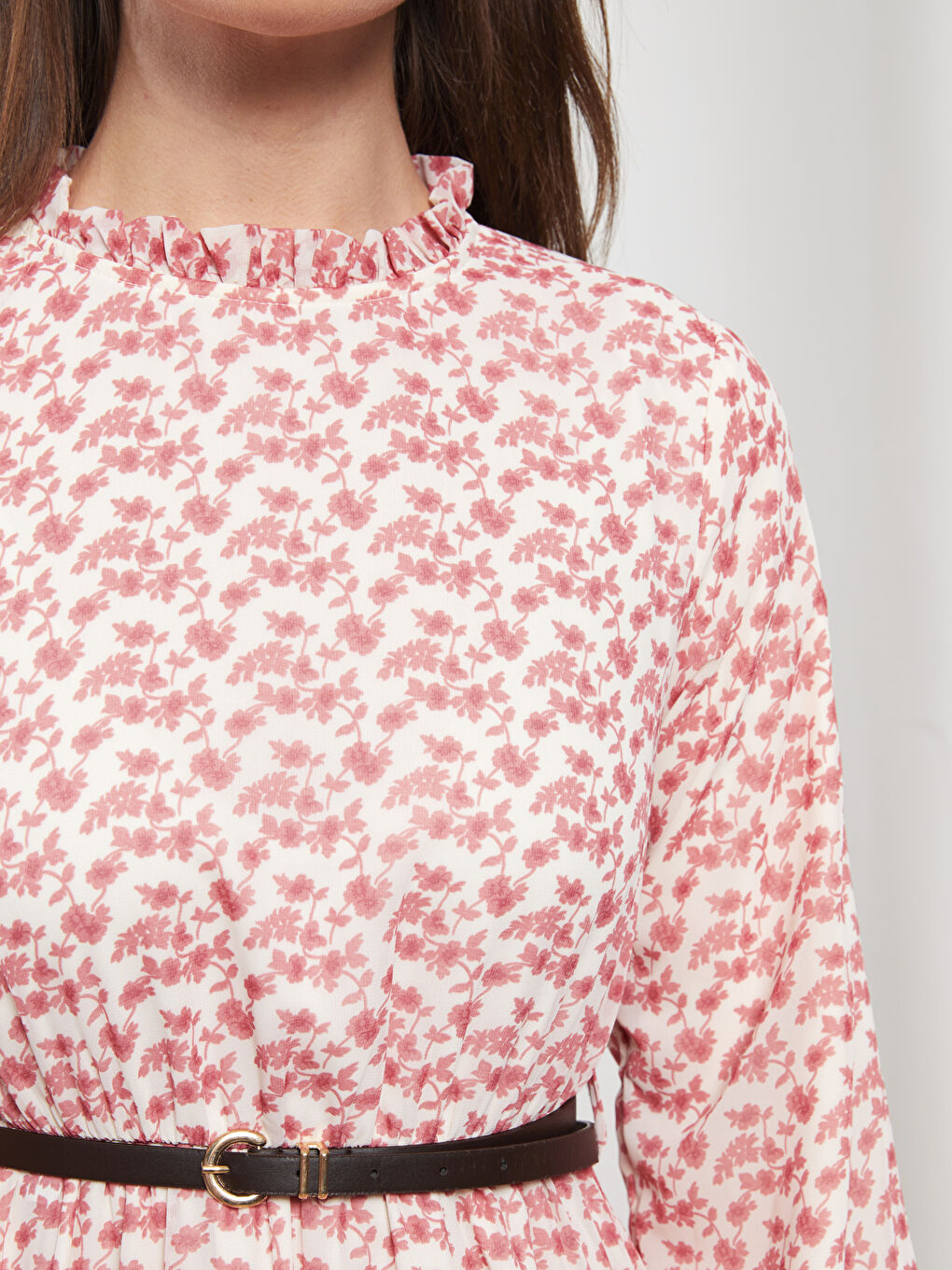 فستان شيفون للسيدات بياقة قمع مطبوع كم طويل بطيات-3