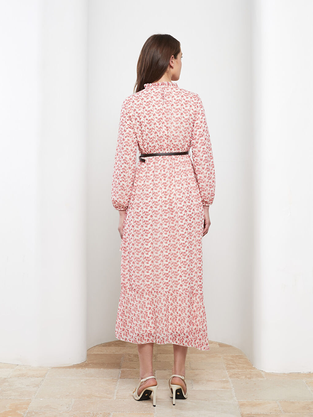 فستان شيفون للسيدات بياقة قمع مطبوع كم طويل بطيات-4