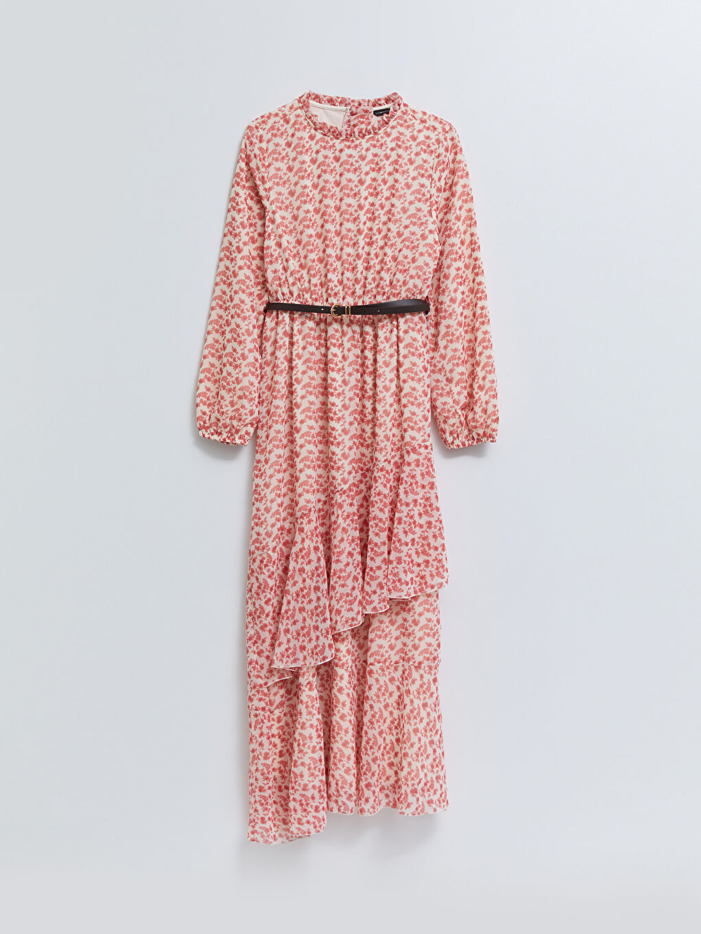 فستان شيفون للسيدات بياقة قمع مطبوع كم طويل بطيات-5