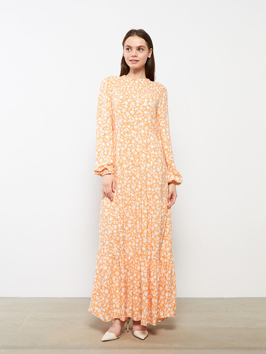 Crew Neck Floral Long Sleeve Viscose Women's Dress-1