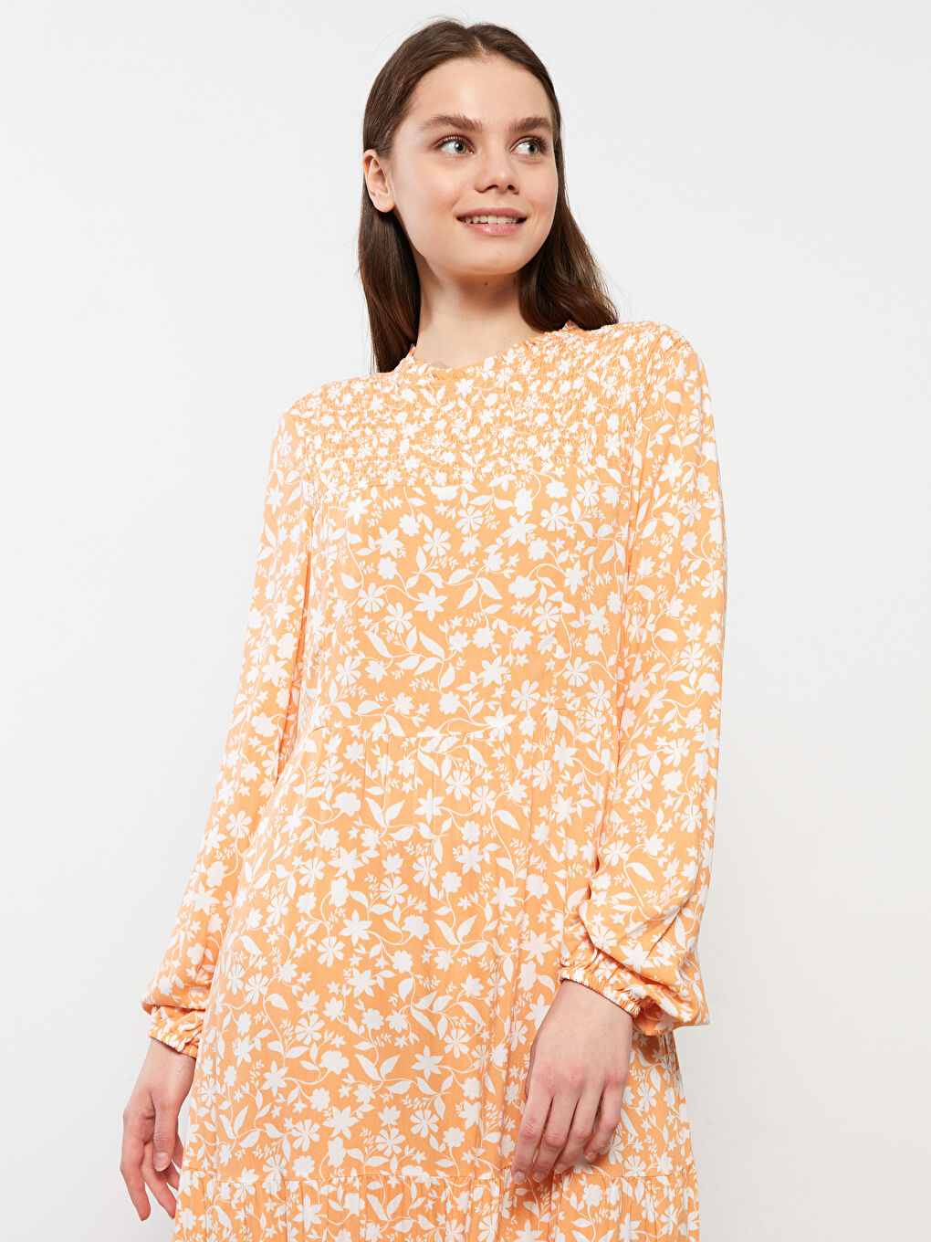 Crew Neck Floral Long Sleeve Viscose Women's Dress-2