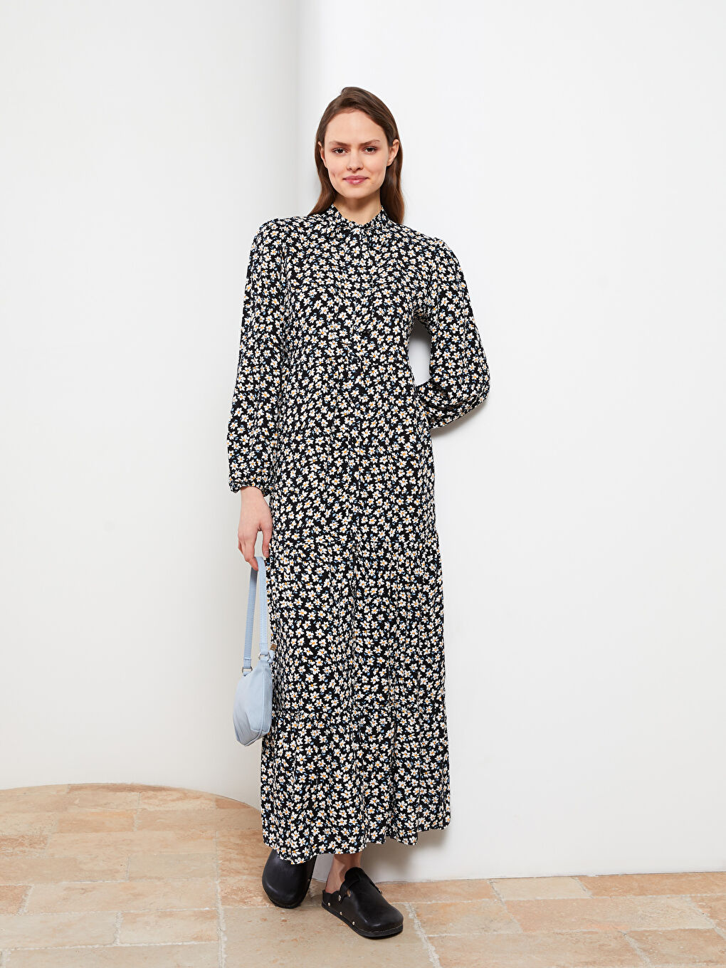 Tie Collar Floral Long Sleeve Viscose Women's Shirt Dress