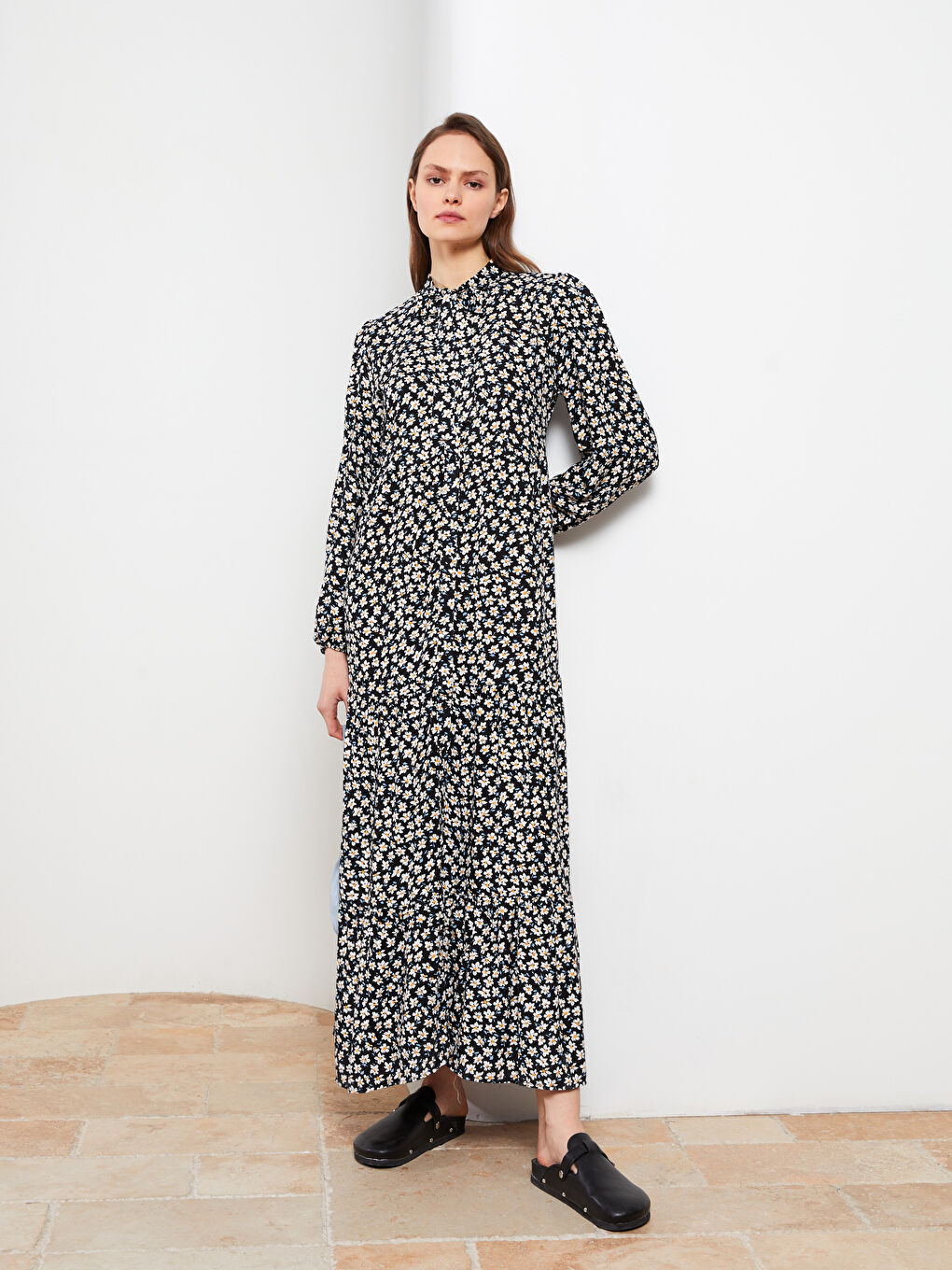 Tie Collar Floral Long Sleeve Viscose Women's Shirt Dress-1