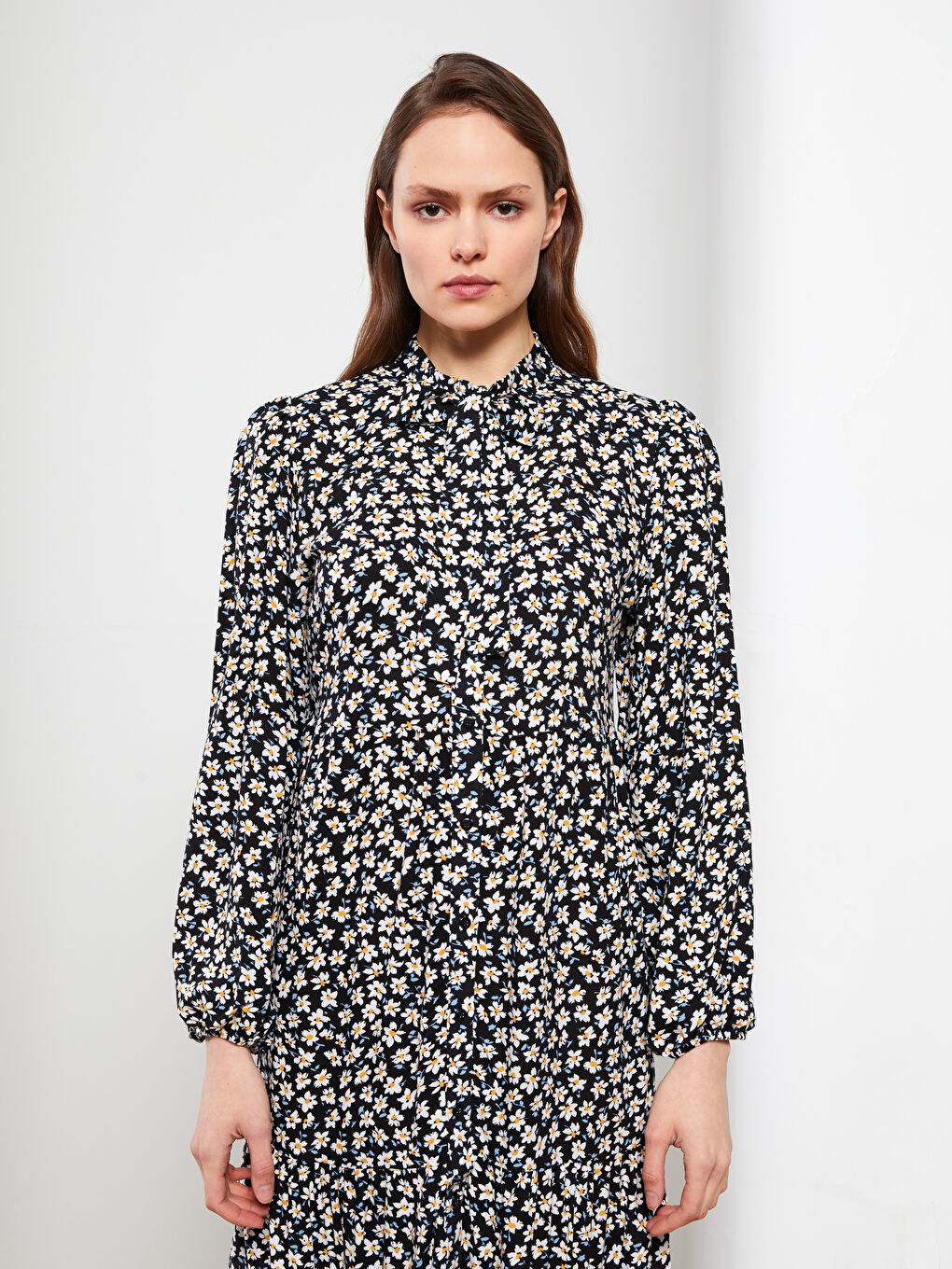 Tie Collar Floral Long Sleeve Viscose Women's Shirt Dress-2