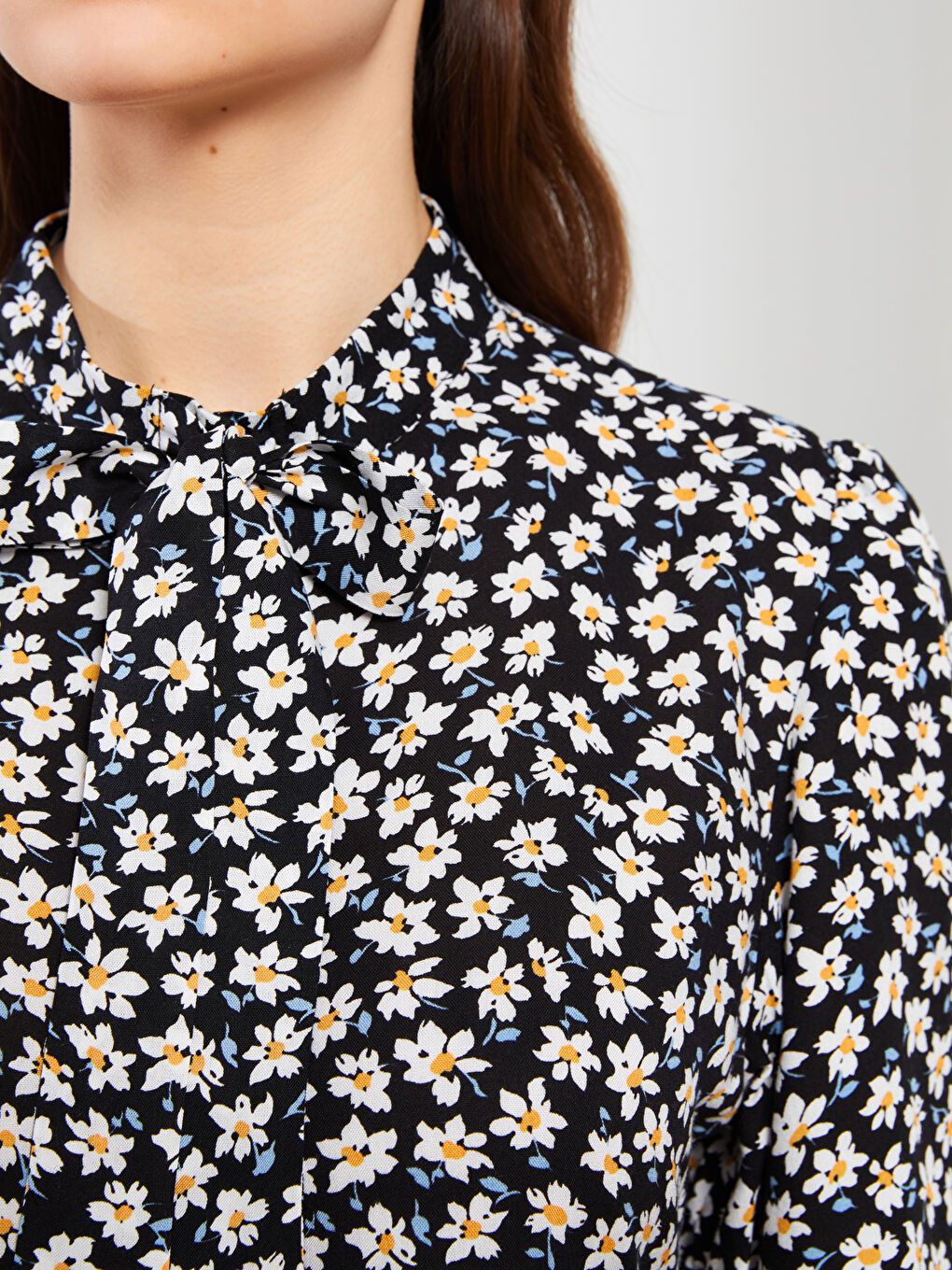 Tie Collar Floral Long Sleeve Viscose Women's Shirt Dress-3