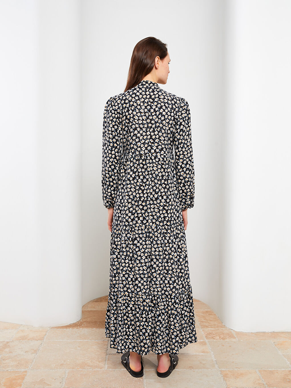 Tie Collar Floral Long Sleeve Viscose Women's Shirt Dress-4