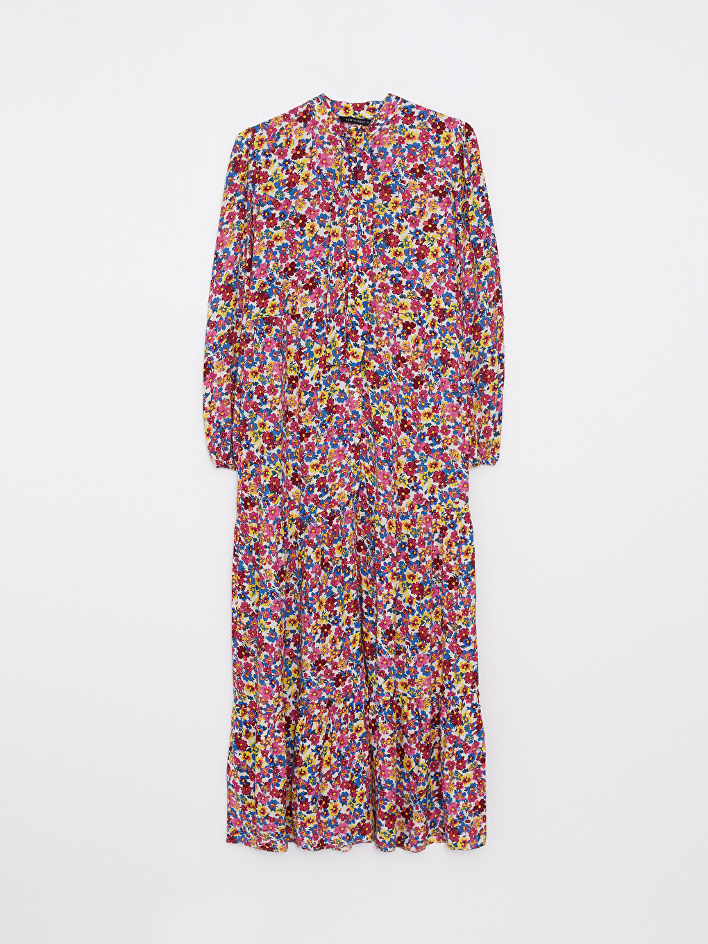 Tie Collar Floral Long Sleeve Viscose Women's Shirt Dress-6