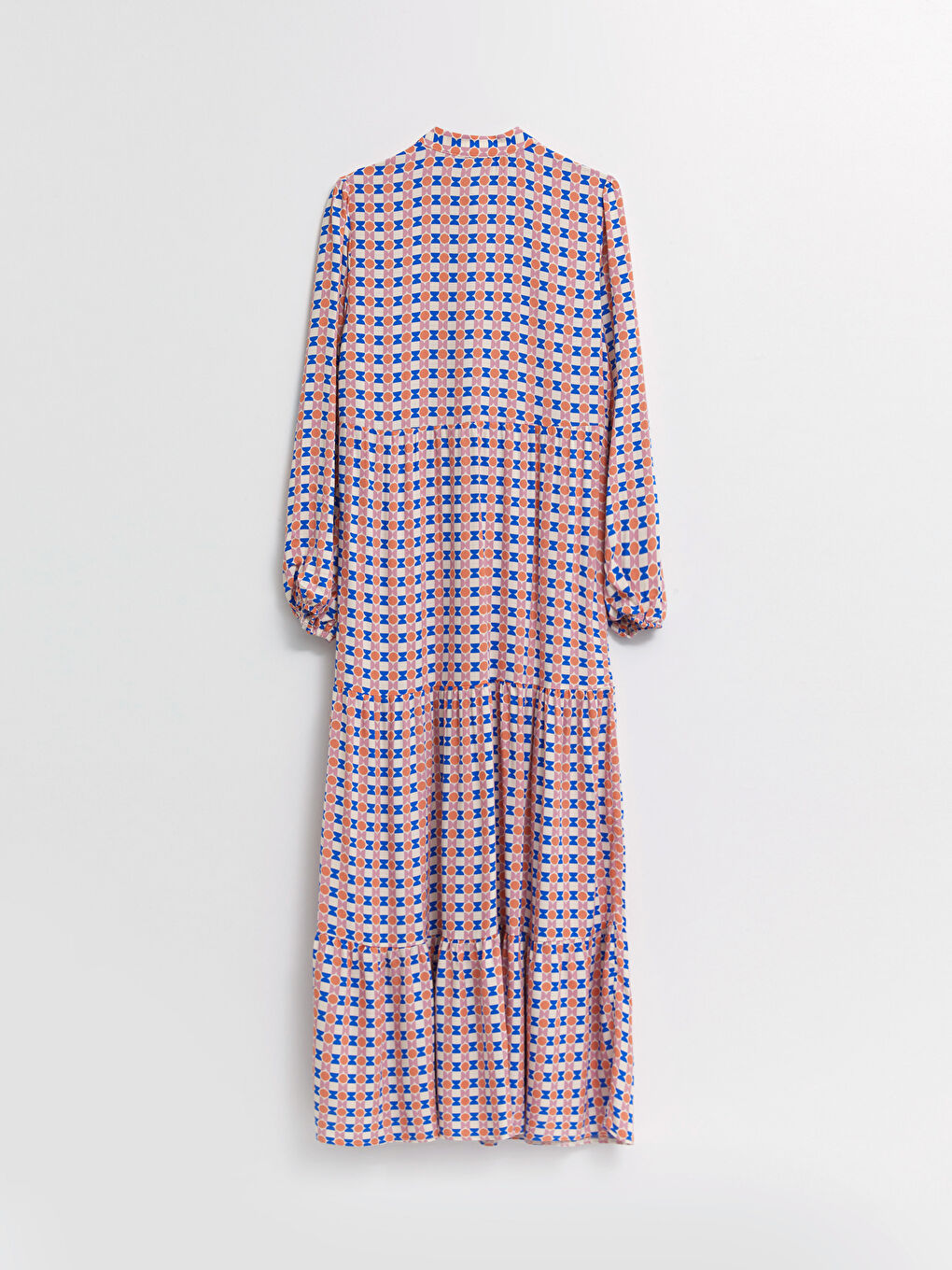 Beyaz Bağlamalı Yaka Desenli Uzun Kollu Viskon Kadın Gömlek Elbise-6