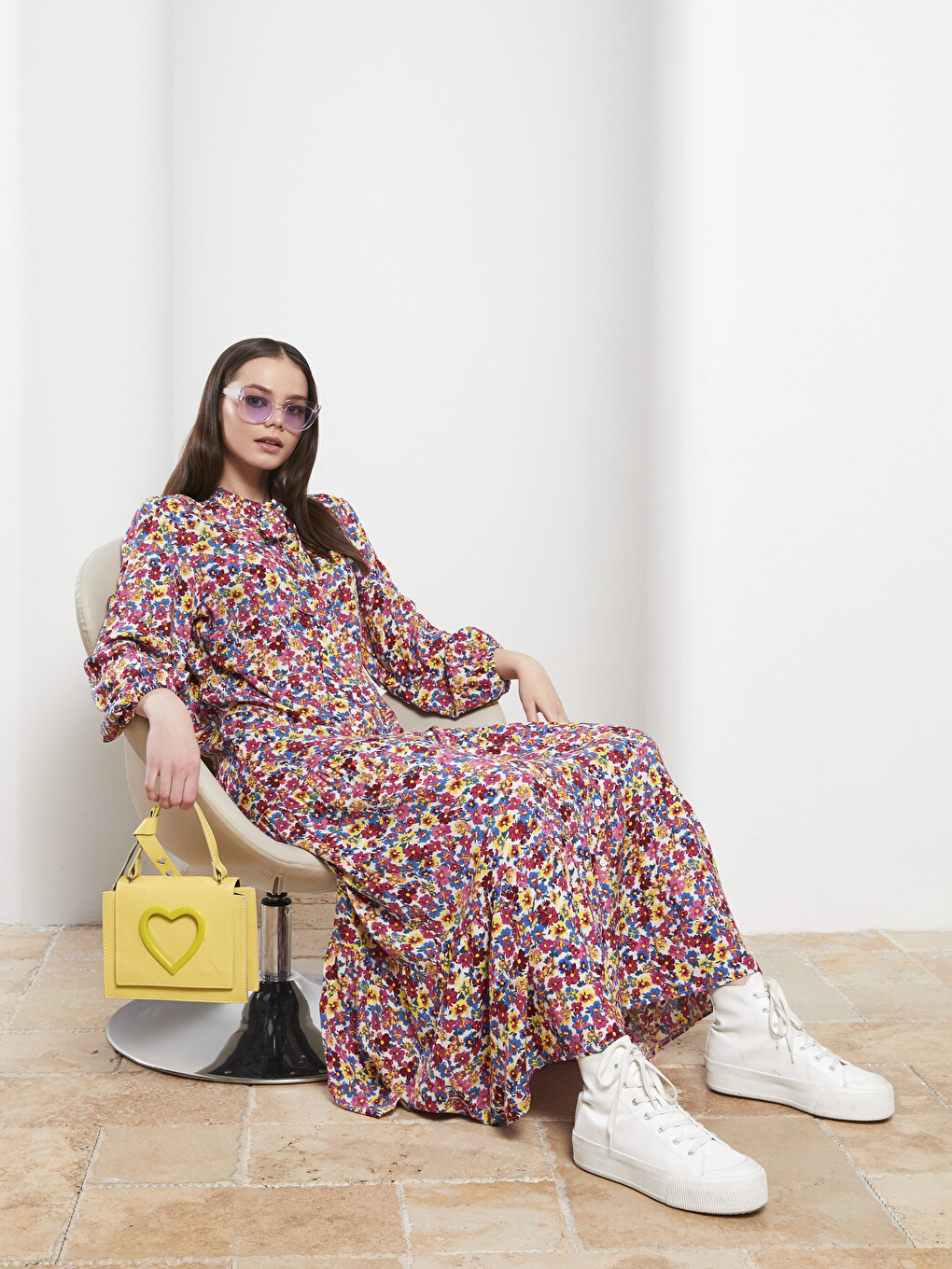 Tie Collar Floral Long Sleeve Viscose Women's Shirt Dress