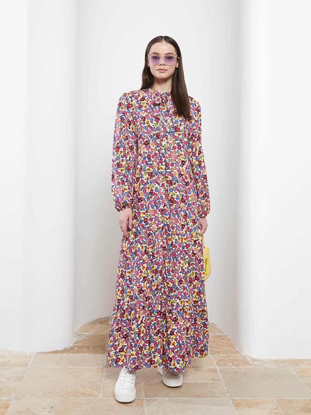 Tie Collar Floral Long Sleeve Viscose Women's Shirt Dress-1