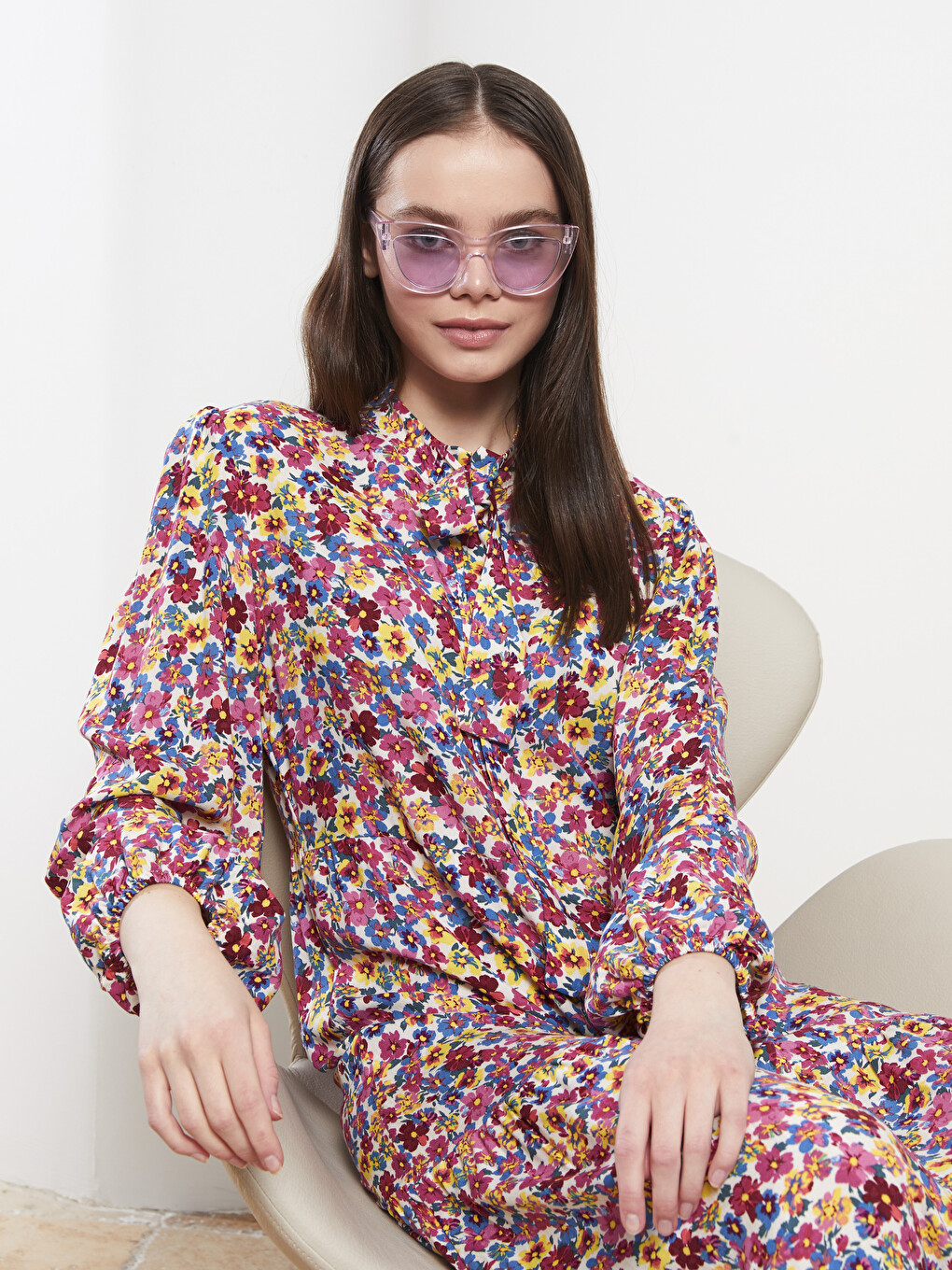 Tie Collar Floral Long Sleeve Viscose Women's Shirt Dress-2