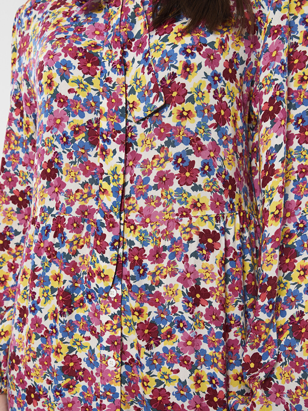 Tie Collar Floral Long Sleeve Viscose Women's Shirt Dress-4