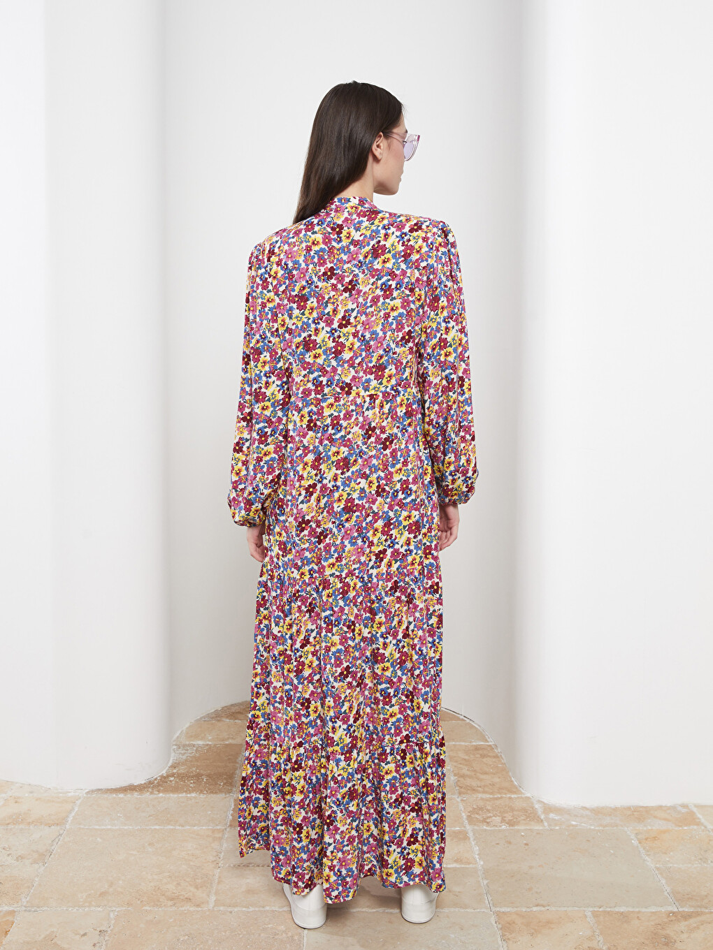 Tie Collar Floral Long Sleeve Viscose Women's Shirt Dress-5