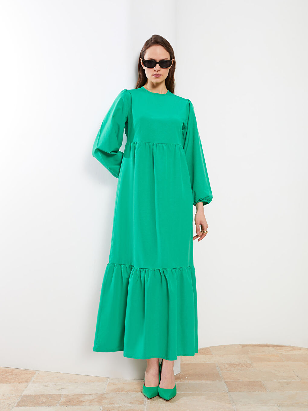 Yeşil Bisiklet Yaka Düz Uzun Kollu Kadın Elbise