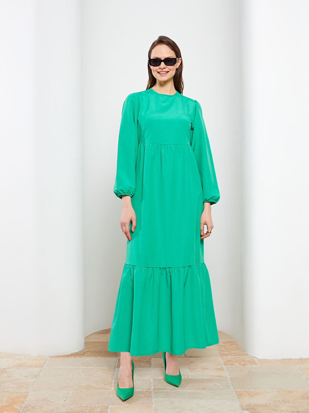 Yeşil Bisiklet Yaka Düz Uzun Kollu Kadın Elbise-1
