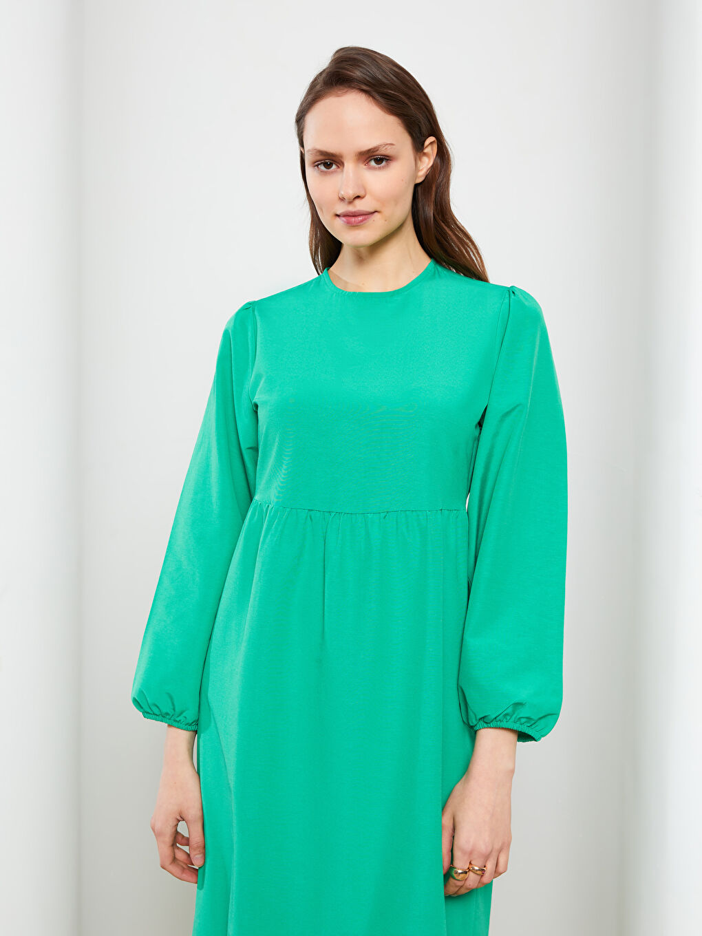 Yeşil Bisiklet Yaka Düz Uzun Kollu Kadın Elbise-2