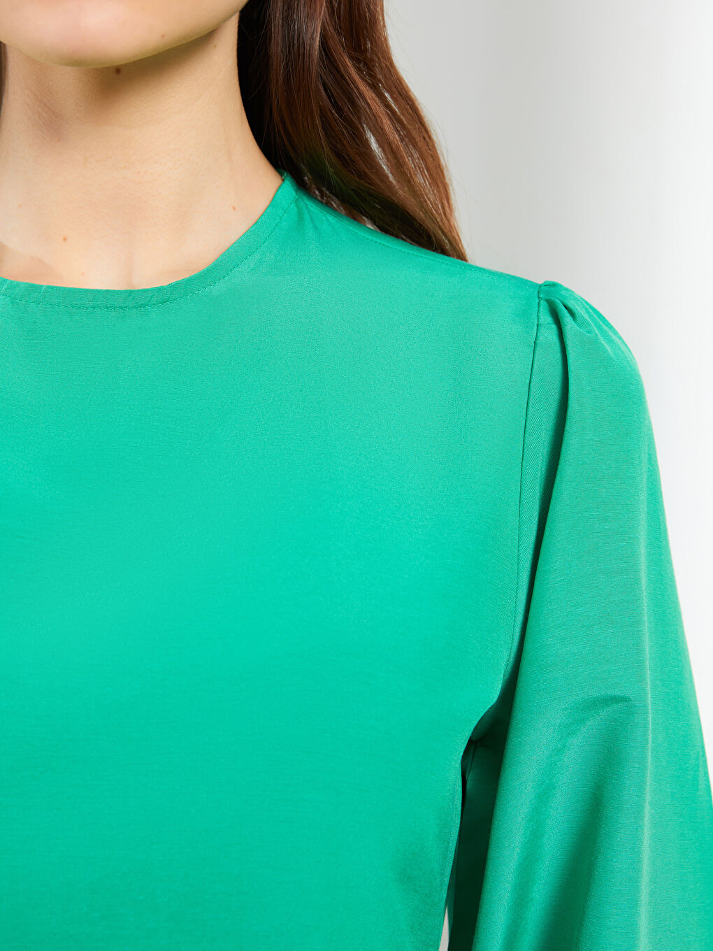 Yeşil Bisiklet Yaka Düz Uzun Kollu Kadın Elbise-3