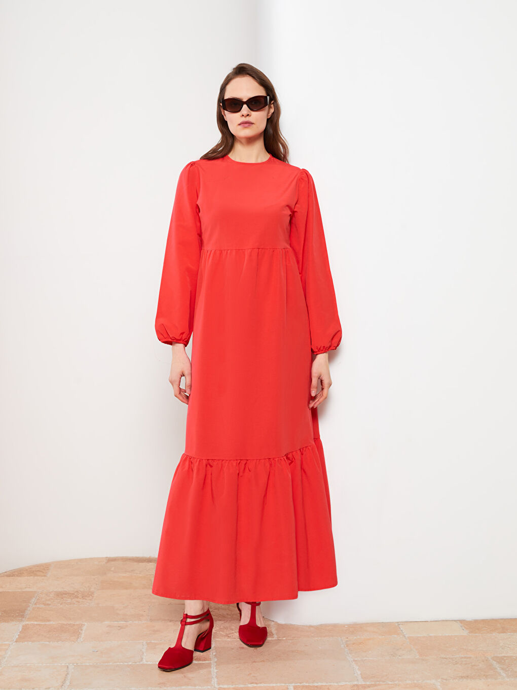 Kırmızı Bisiklet Yaka Düz Uzun Kollu Kadın Elbise