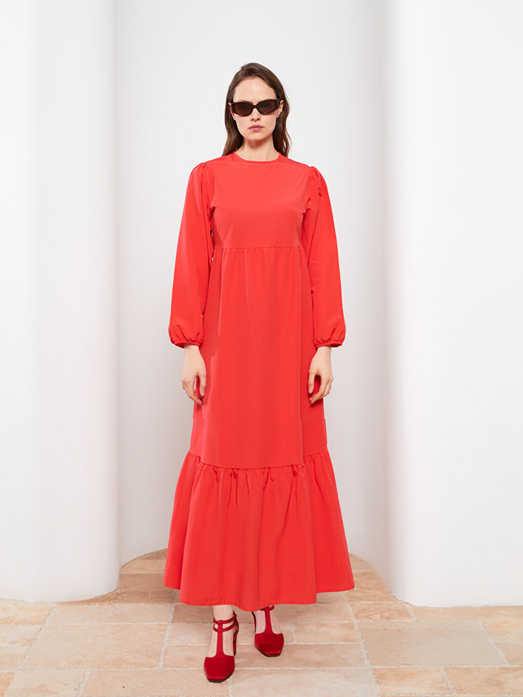 Kırmızı Bisiklet Yaka Düz Uzun Kollu Kadın Elbise-1