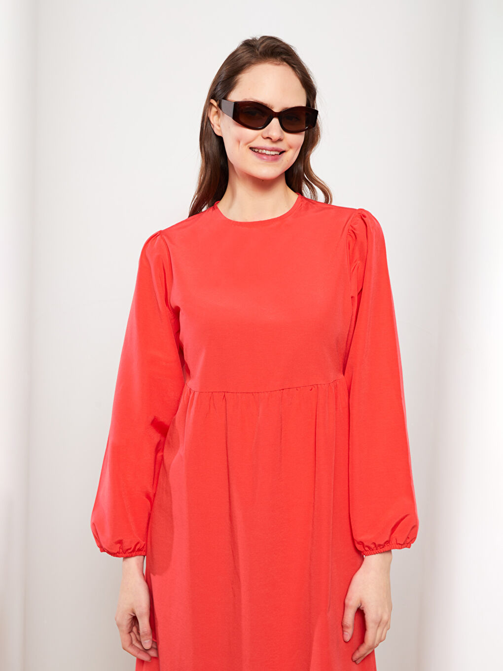 Kırmızı Bisiklet Yaka Düz Uzun Kollu Kadın Elbise-2