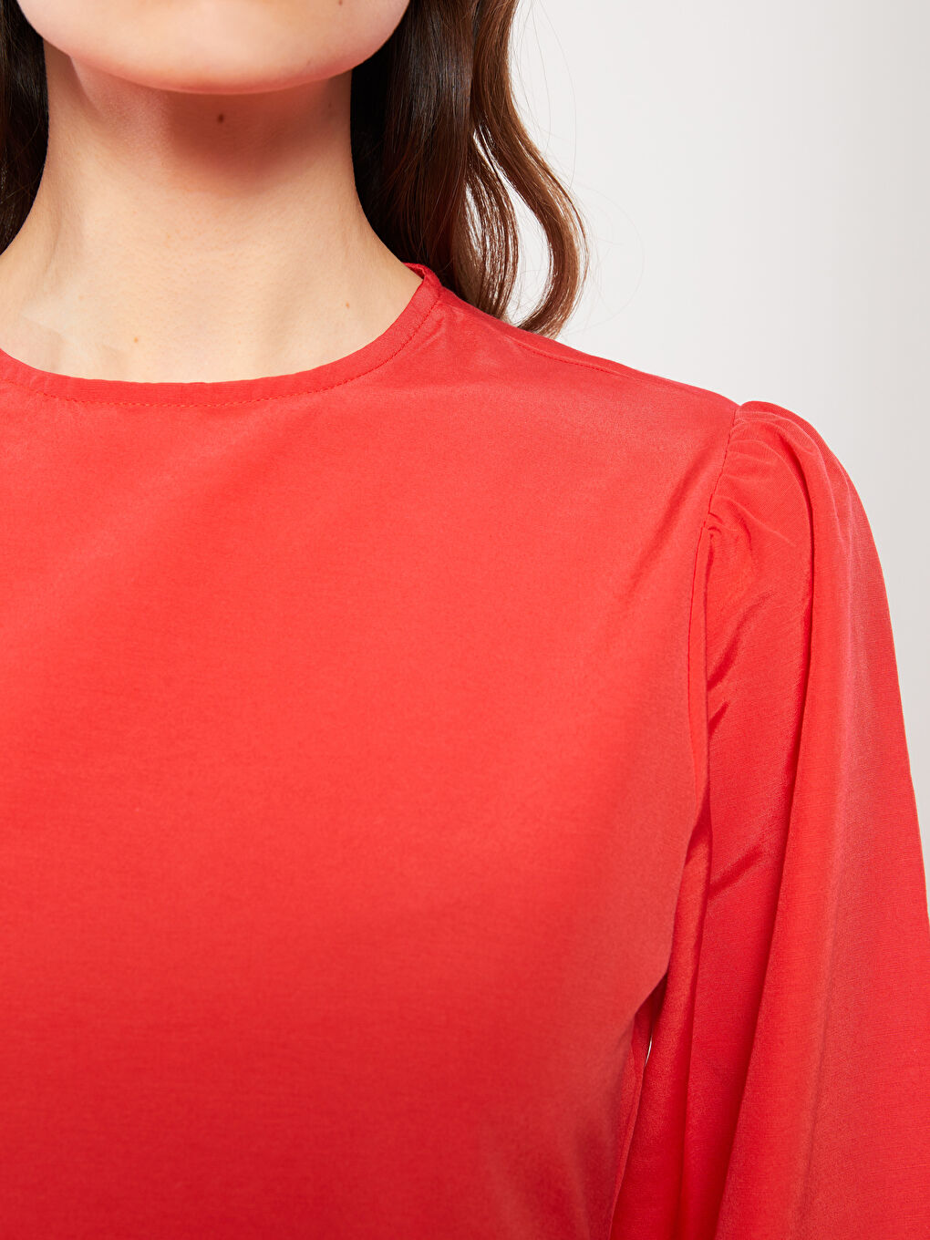 Kırmızı Bisiklet Yaka Düz Uzun Kollu Kadın Elbise-3